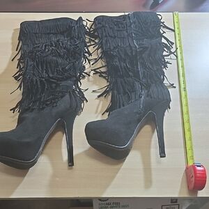Anne Michelle Black Suede Fringe Heeled Boots NWOT